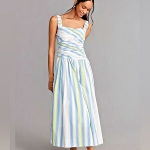 Anthropologie Blue and Yellow Striped Midi Dress